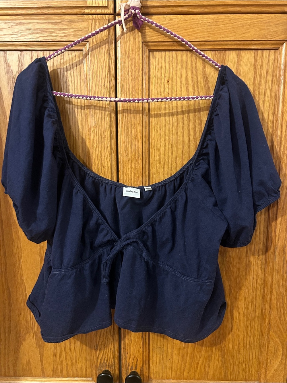 Sunday Best Navy Puff-Sleeve Tie-Front Blouse